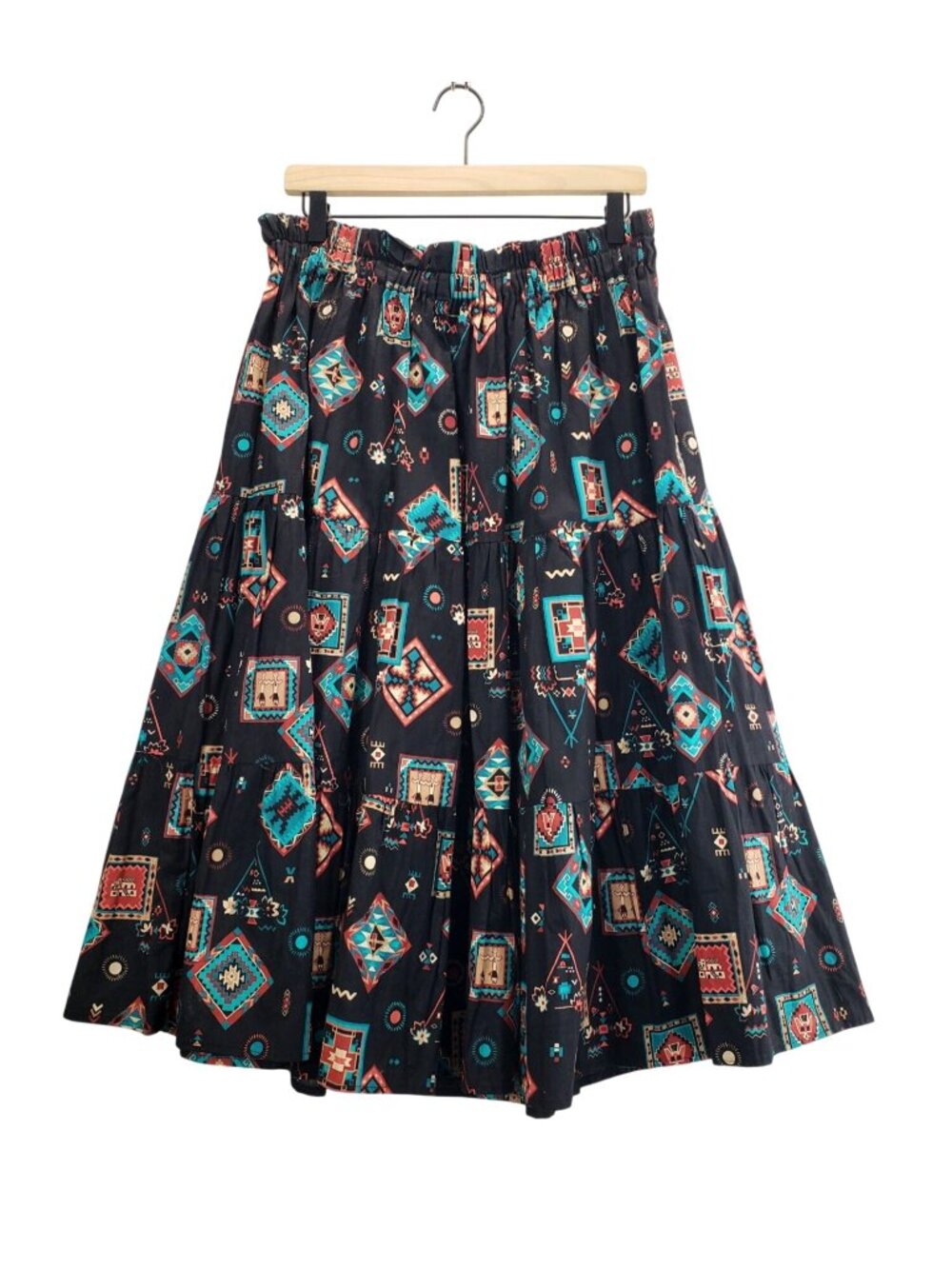 Vtg Southwestern Tiered Skirt Midi M Black Aztec Tribal Native American Print